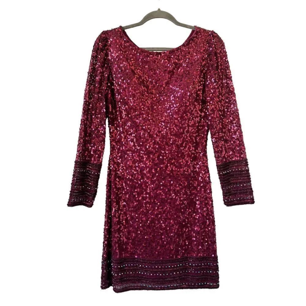 Scala Fully Lined Sequin Party Sheath Dress Womens Burgundy Size 12